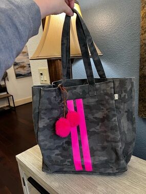 Koala Kanvas Camo Gray Tote with Neon Pink Stripe and Pom-Pom Accent
